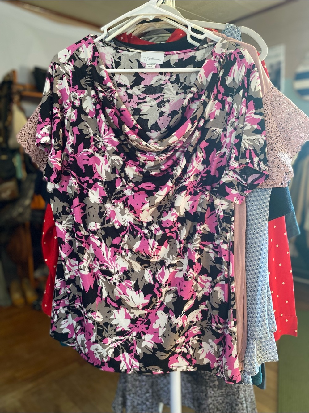 Jaclyn Smith Black, Pink & Cream Floral Cowl Neck Blouse - Picture 1 of 5